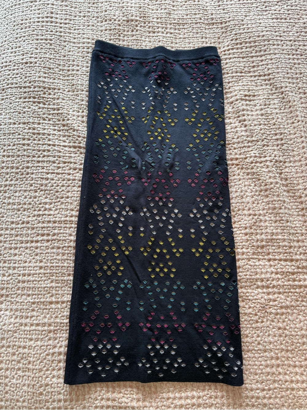 Alice + Olivia Black Midi Skirt with Multicolor Eyelet Motif